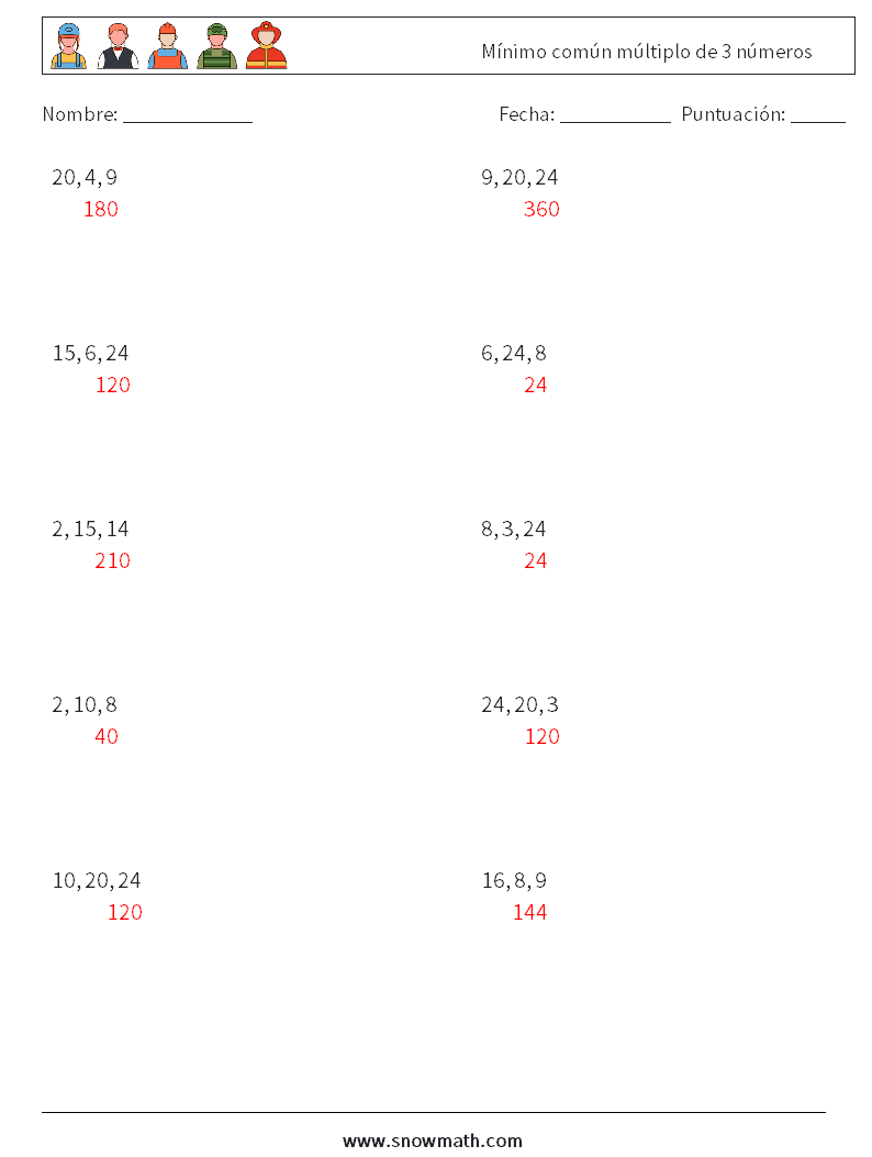 Mínimo común múltiplo de 3 números Hojas de trabajo de matemáticas 2 Pregunta, respuesta
