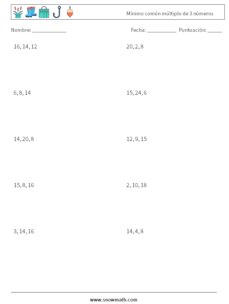 Mínimo común múltiplo de 3 números Hojas de trabajo de matemáticas 4