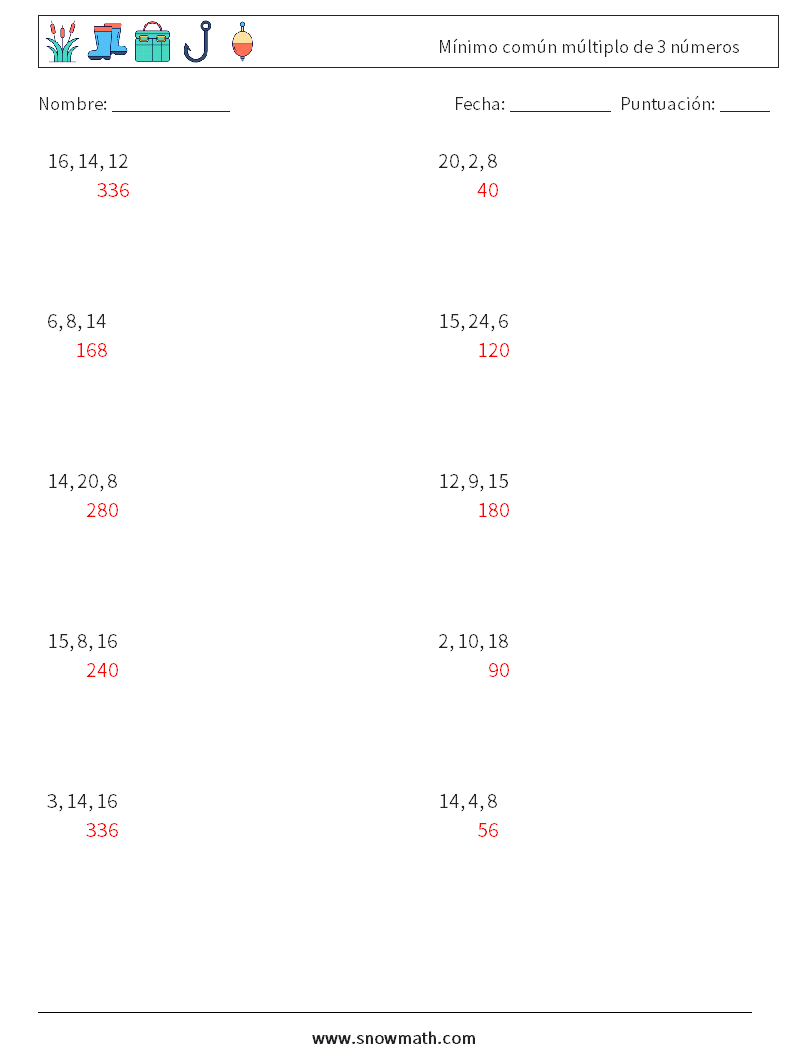 Mínimo común múltiplo de 3 números Hojas de trabajo de matemáticas 4 Pregunta, respuesta