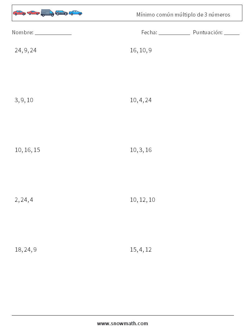 Mínimo común múltiplo de 3 números Hojas de trabajo de matemáticas 6
