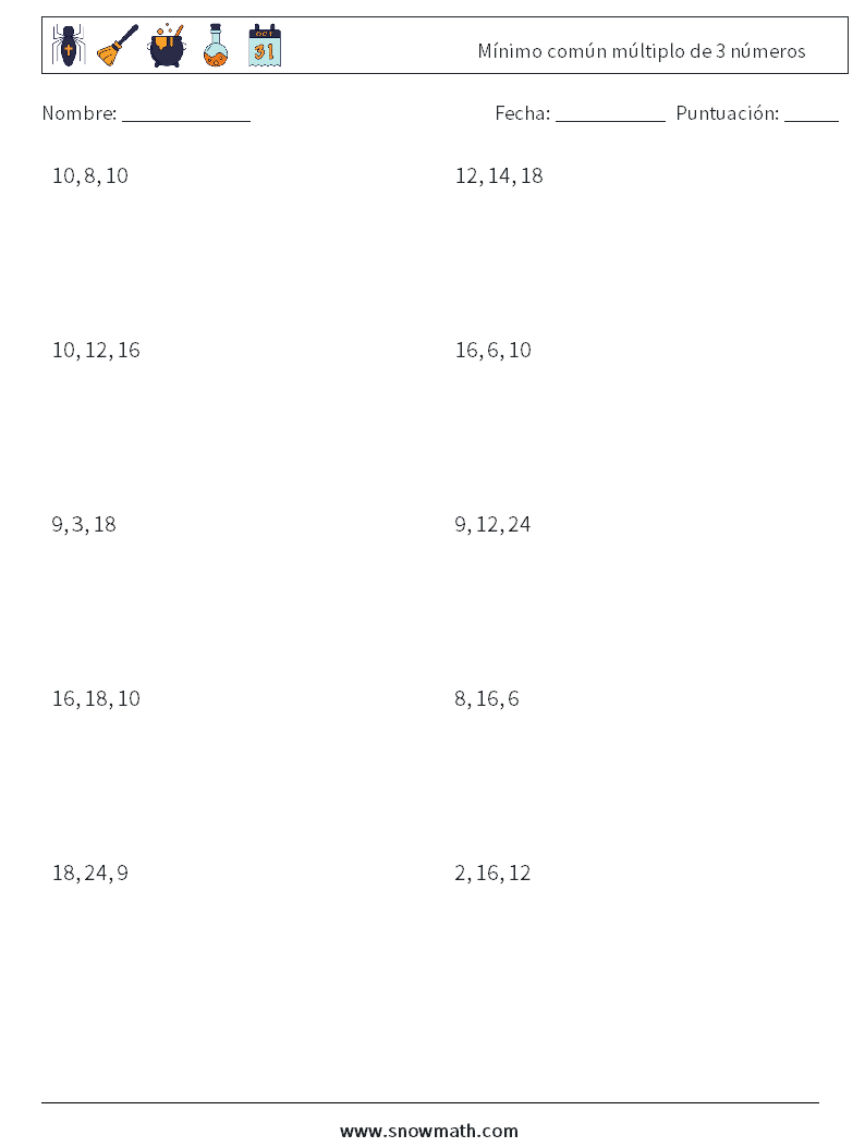 Mínimo común múltiplo de 3 números Hojas de trabajo de matemáticas 7