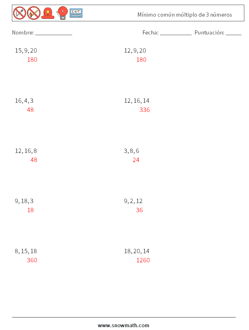 Mínimo común múltiplo de 3 números Hojas de trabajo de matemáticas 8 Pregunta, respuesta