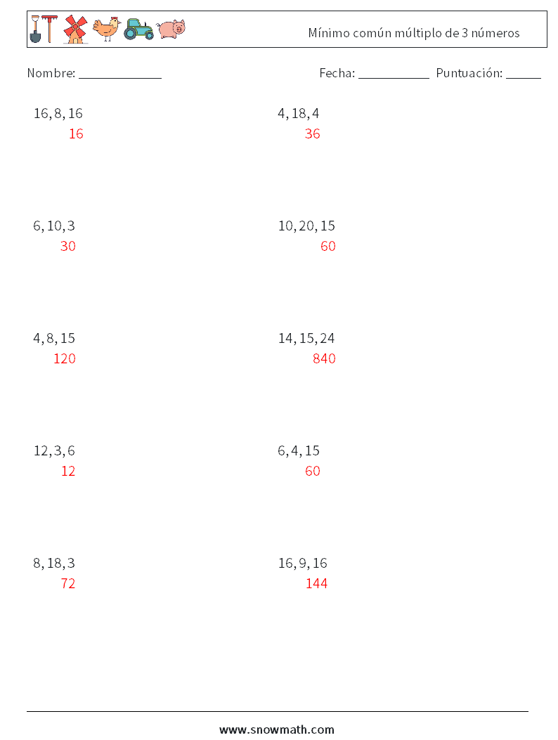 Mínimo común múltiplo de 3 números Hojas de trabajo de matemáticas 9 Pregunta, respuesta