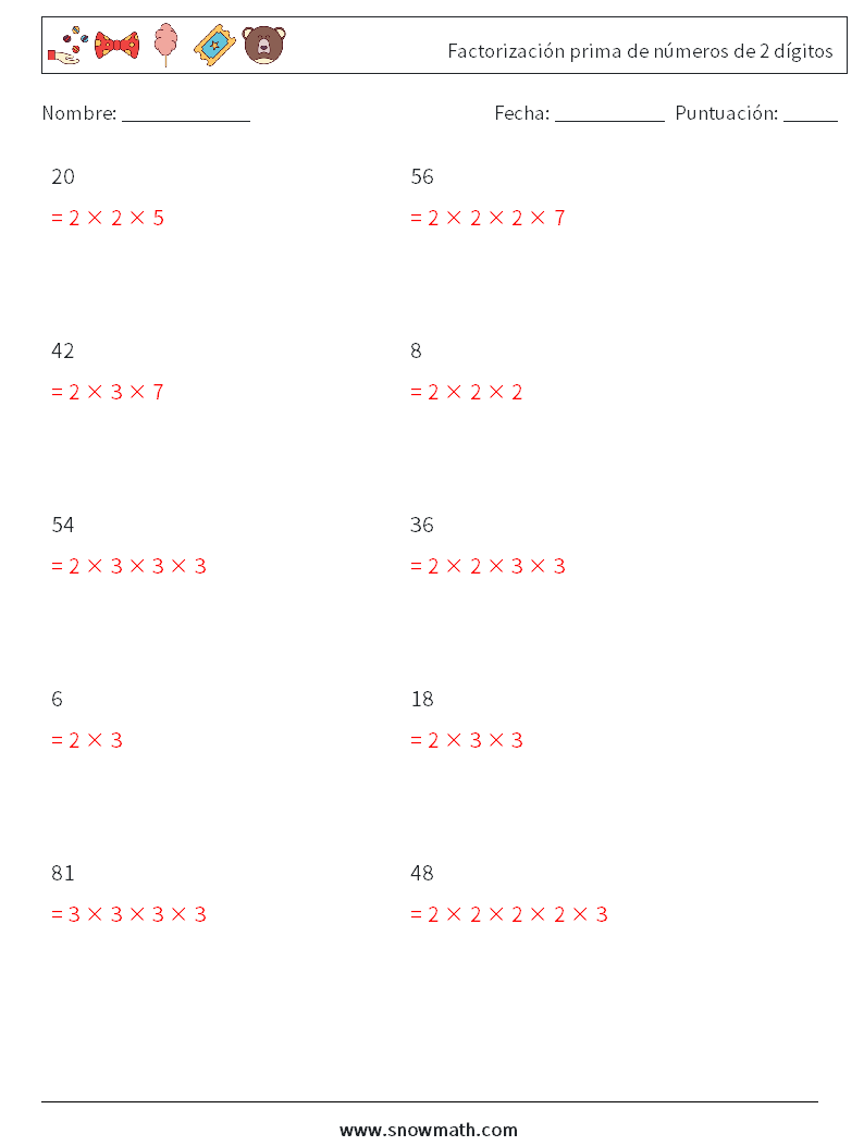 Factorización prima de números de 2 dígitos Hojas de trabajo de matemáticas 1 Pregunta, respuesta