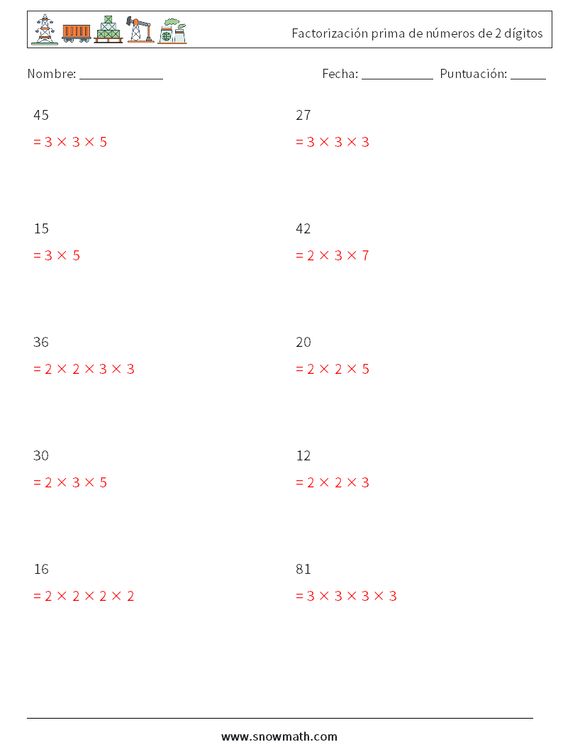 Factorización prima de números de 2 dígitos Hojas de trabajo de matemáticas 2 Pregunta, respuesta