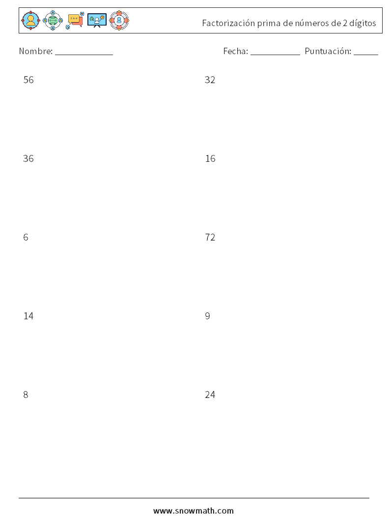 Factorización prima de números de 2 dígitos Hojas de trabajo de matemáticas 4