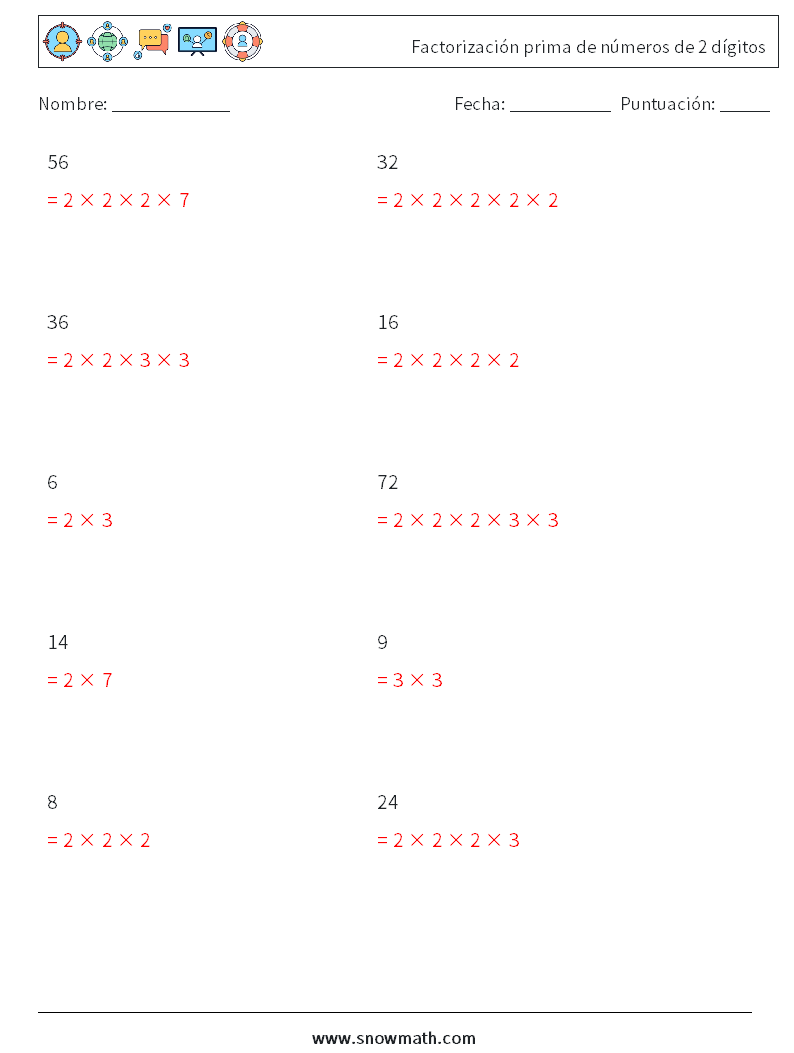 Factorización prima de números de 2 dígitos Hojas de trabajo de matemáticas 4 Pregunta, respuesta