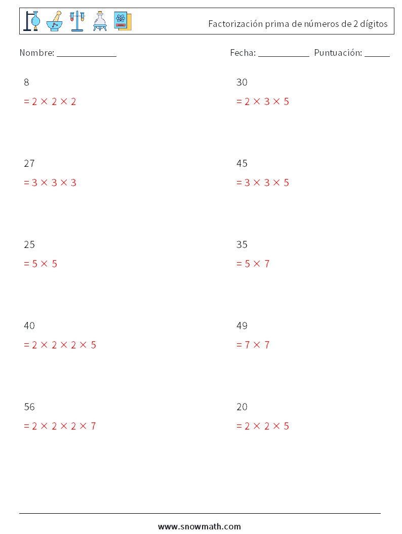 Factorización prima de números de 2 dígitos Hojas de trabajo de matemáticas 5 Pregunta, respuesta