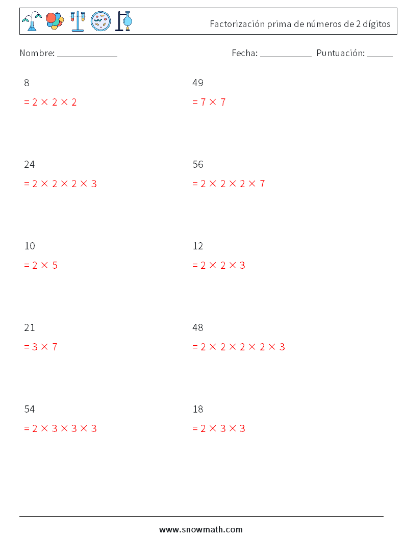 Factorización prima de números de 2 dígitos Hojas de trabajo de matemáticas 6 Pregunta, respuesta