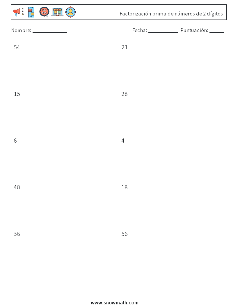 Factorización prima de números de 2 dígitos Hojas de trabajo de matemáticas 7