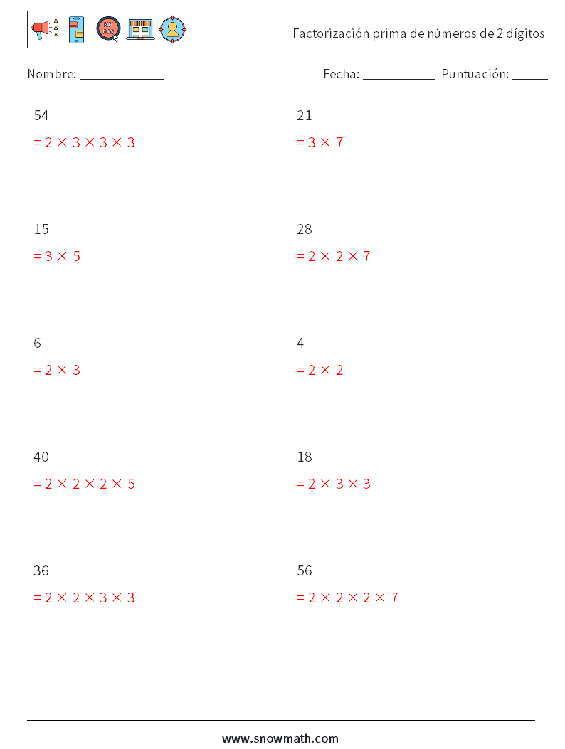 Factorización prima de números de 2 dígitos Hojas de trabajo de matemáticas 7 Pregunta, respuesta