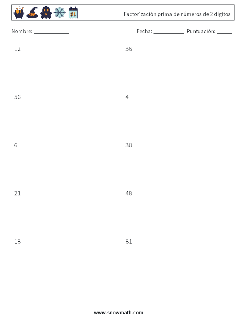 Factorización prima de números de 2 dígitos Hojas de trabajo de matemáticas 8