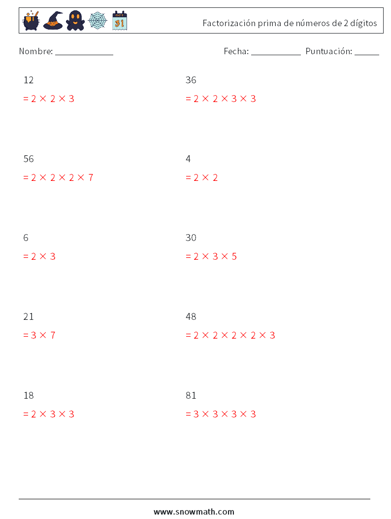 Factorización prima de números de 2 dígitos Hojas de trabajo de matemáticas 8 Pregunta, respuesta