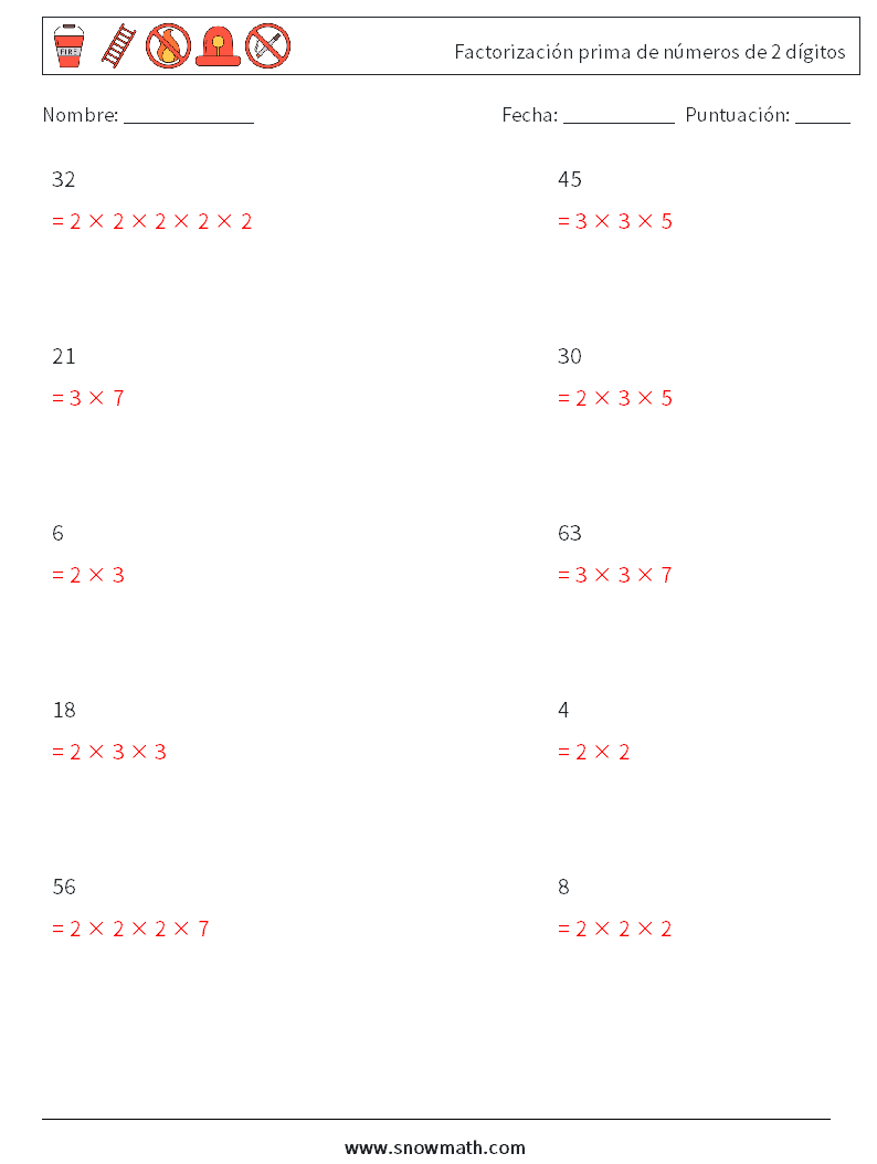 Factorización prima de números de 2 dígitos Hojas de trabajo de matemáticas 9 Pregunta, respuesta