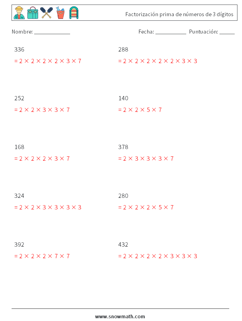 Factorización prima de números de 3 dígitos Hojas de trabajo de matemáticas 1 Pregunta, respuesta