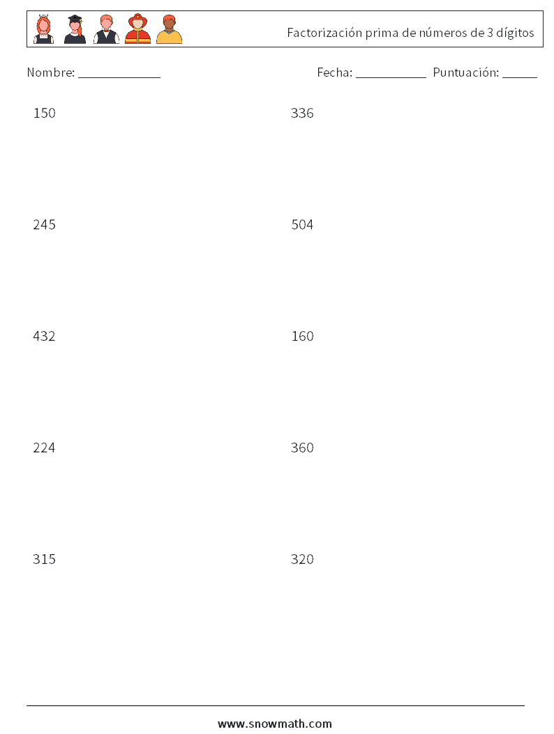 Factorización prima de números de 3 dígitos Hojas de trabajo de matemáticas 2