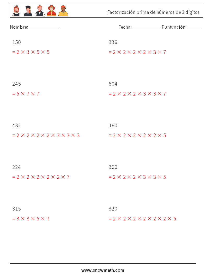 Factorización prima de números de 3 dígitos Hojas de trabajo de matemáticas 2 Pregunta, respuesta