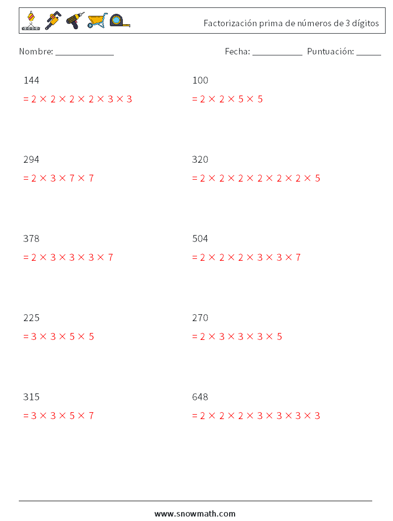 Factorización prima de números de 3 dígitos Hojas de trabajo de matemáticas 3 Pregunta, respuesta