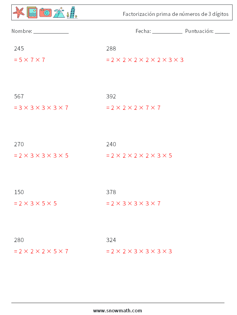 Factorización prima de números de 3 dígitos Hojas de trabajo de matemáticas 4 Pregunta, respuesta