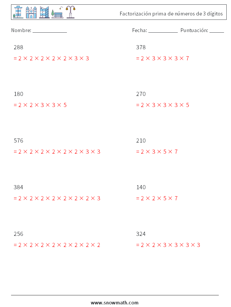 Factorización prima de números de 3 dígitos Hojas de trabajo de matemáticas 5 Pregunta, respuesta