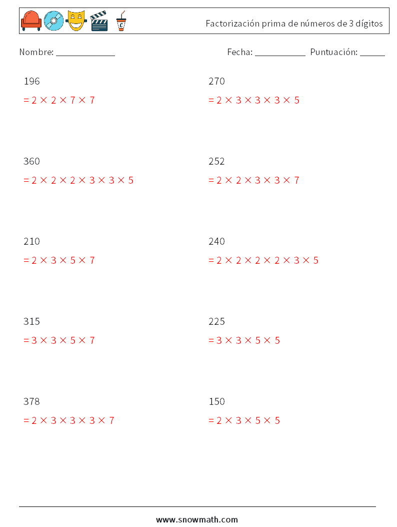 Factorización prima de números de 3 dígitos Hojas de trabajo de matemáticas 6 Pregunta, respuesta