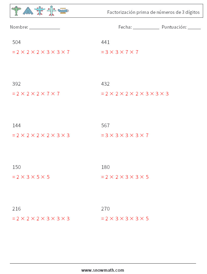 Factorización prima de números de 3 dígitos Hojas de trabajo de matemáticas 7 Pregunta, respuesta