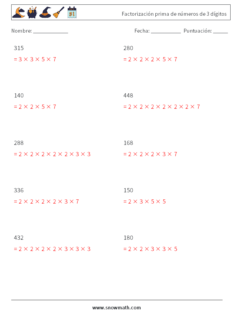 Factorización prima de números de 3 dígitos Hojas de trabajo de matemáticas 8 Pregunta, respuesta