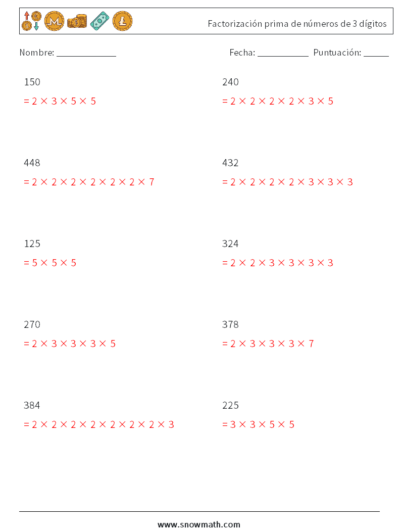 Factorización prima de números de 3 dígitos Hojas de trabajo de matemáticas 9 Pregunta, respuesta