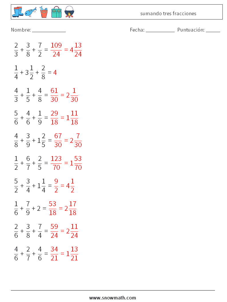 (10) sumando tres fracciones Hojas de trabajo de matemáticas 13 Pregunta, respuesta