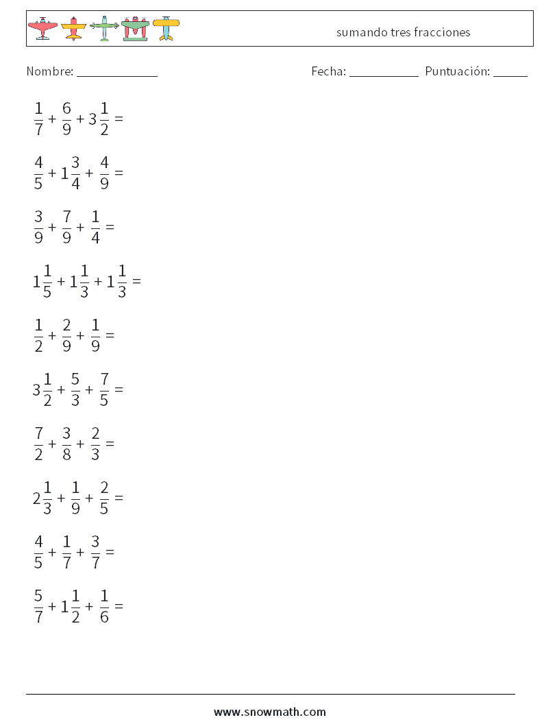 (10) sumando tres fracciones Hojas de trabajo de matemáticas 14