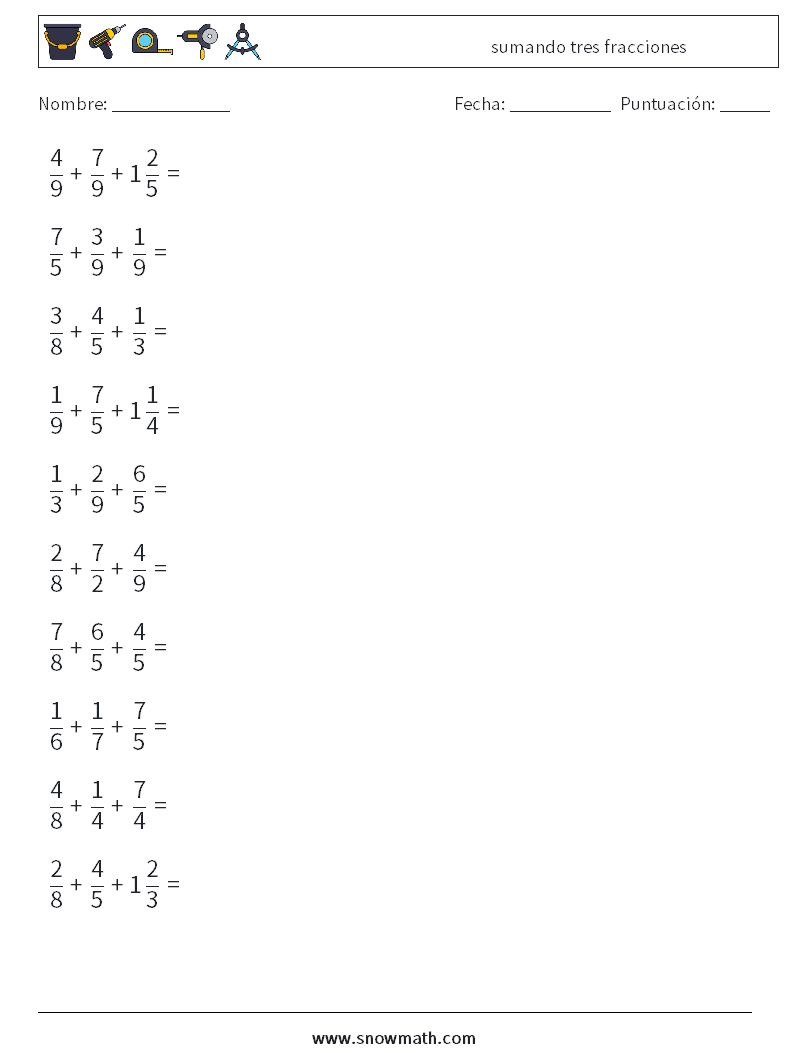 (10) sumando tres fracciones Hojas de trabajo de matemáticas 4