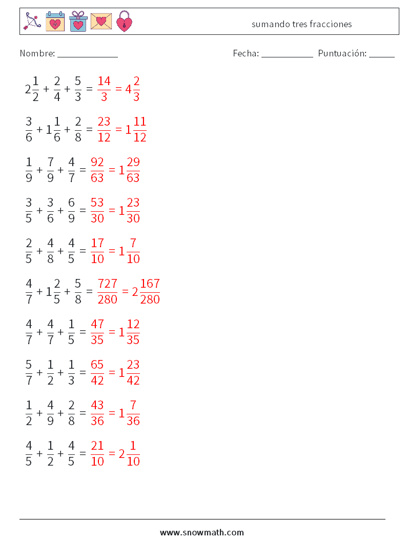 (10) sumando tres fracciones Hojas de trabajo de matemáticas 8 Pregunta, respuesta