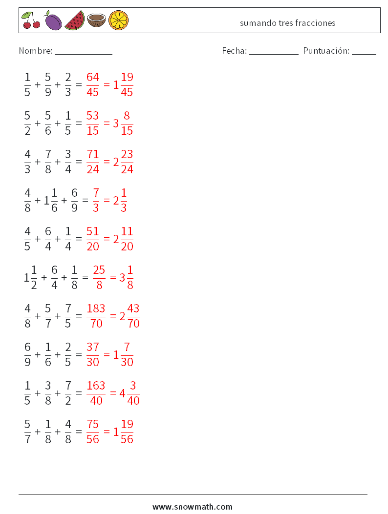 (10) sumando tres fracciones Hojas de trabajo de matemáticas 9 Pregunta, respuesta