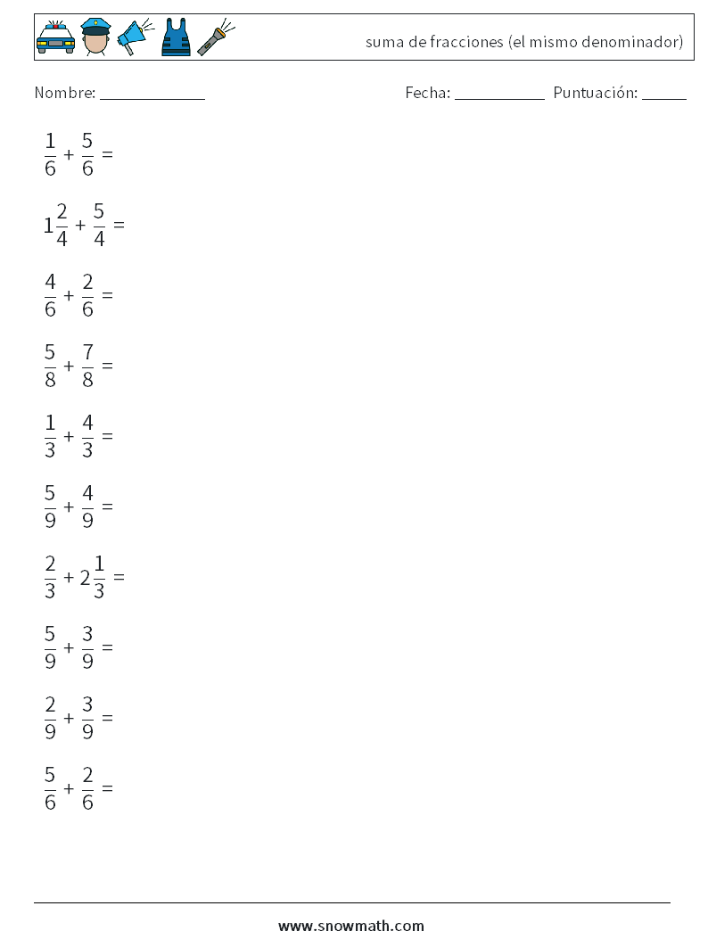 (10) suma de fracciones (el mismo denominador) Hojas de trabajo de matemáticas 1