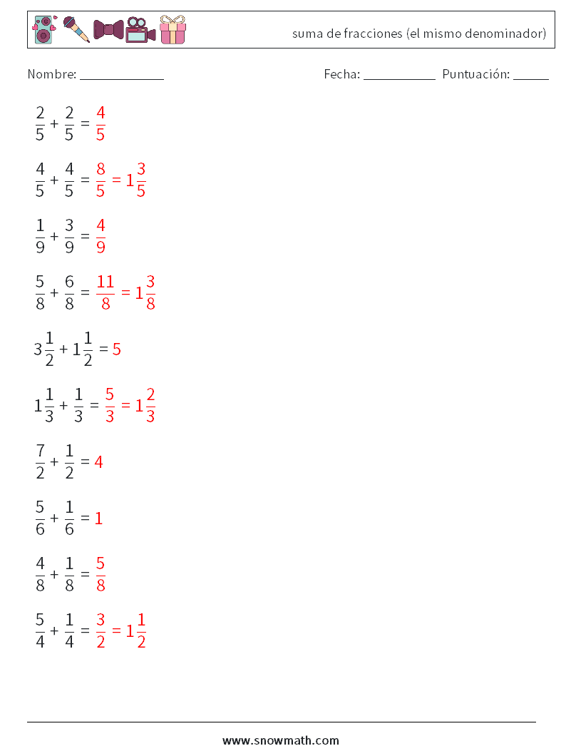 (10) suma de fracciones (el mismo denominador) Hojas de trabajo de matemáticas 13 Pregunta, respuesta