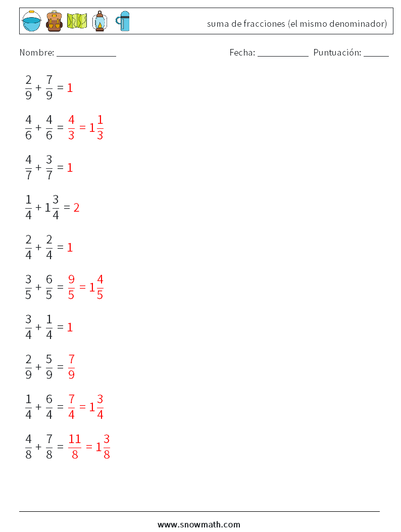 (10) suma de fracciones (el mismo denominador) Hojas de trabajo de matemáticas 2 Pregunta, respuesta