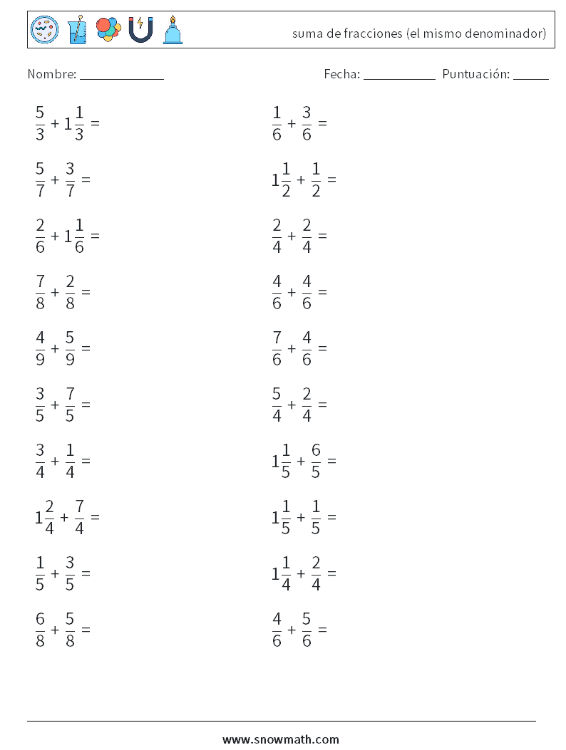 (20) suma de fracciones (el mismo denominador) Hojas de trabajo de matemáticas 1