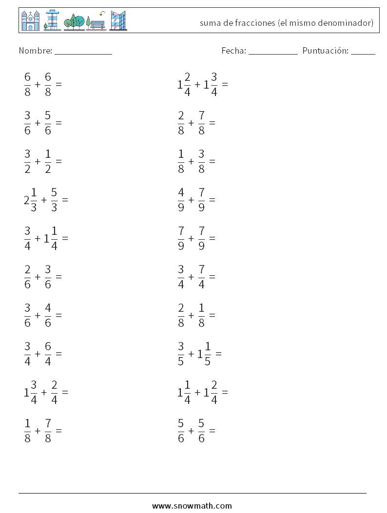 (20) suma de fracciones (el mismo denominador) Hojas de trabajo de matemáticas 10