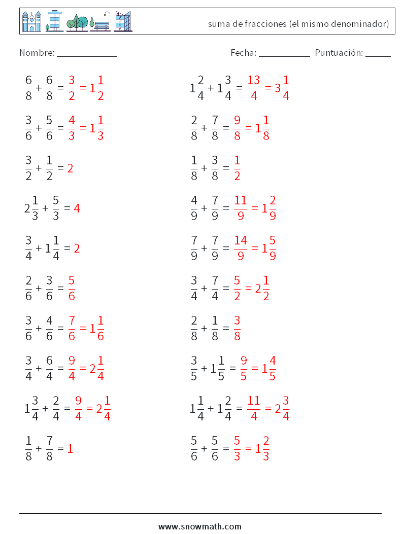 (20) suma de fracciones (el mismo denominador) Hojas de trabajo de matemáticas 10 Pregunta, respuesta