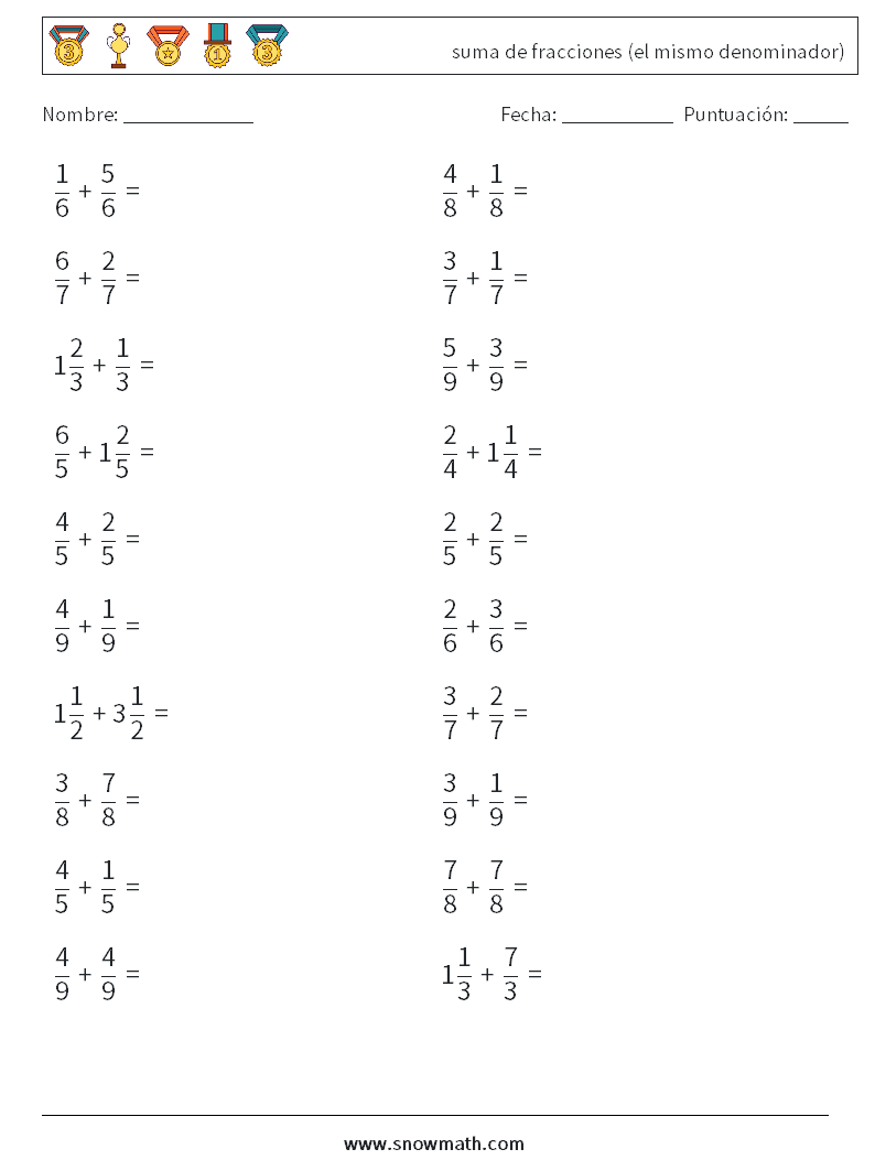 (20) suma de fracciones (el mismo denominador) Hojas de trabajo de matemáticas 11