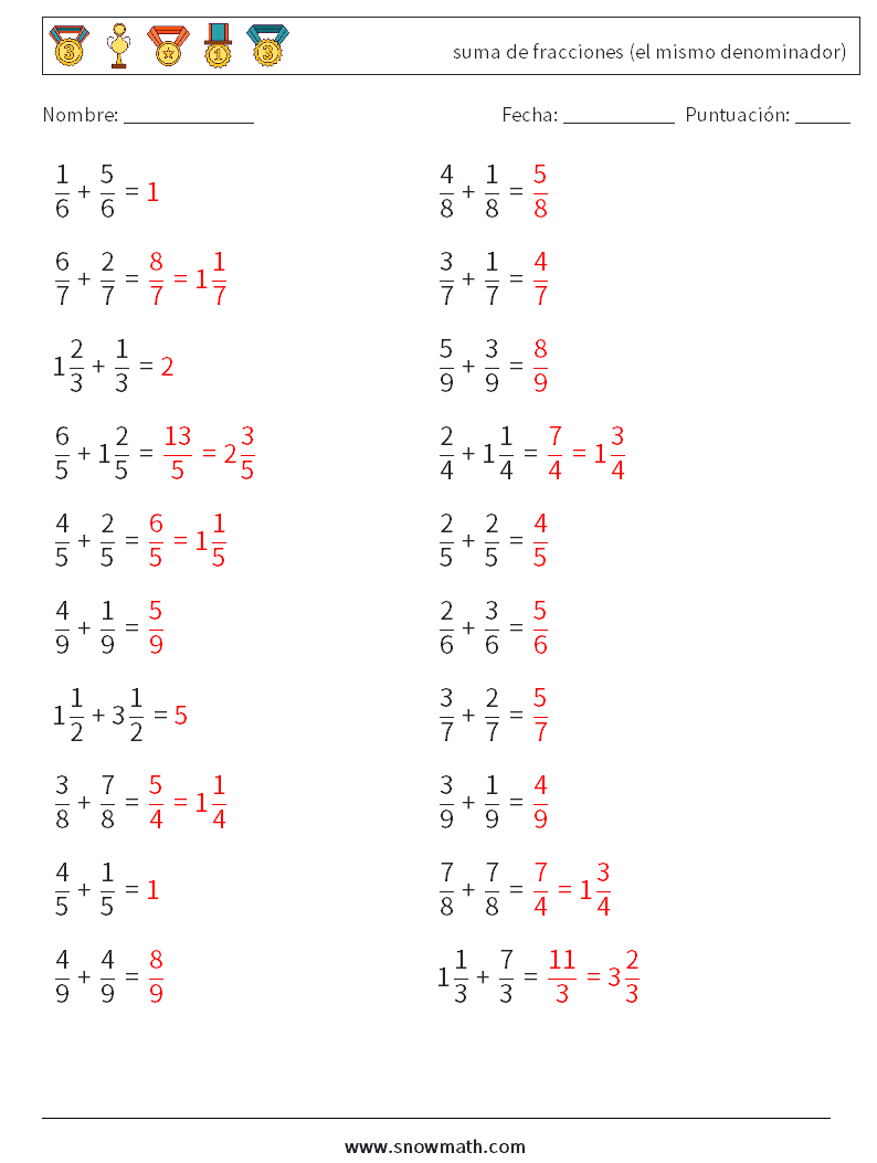 (20) suma de fracciones (el mismo denominador) Hojas de trabajo de matemáticas 11 Pregunta, respuesta