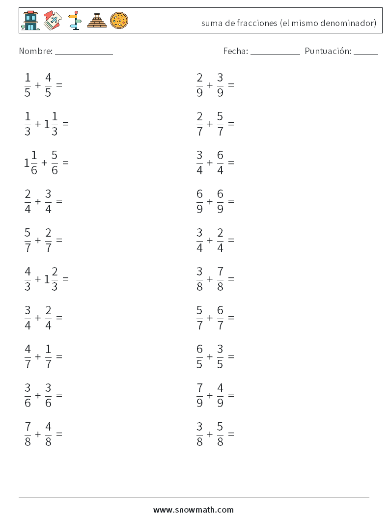 (20) suma de fracciones (el mismo denominador) Hojas de trabajo de matemáticas 12