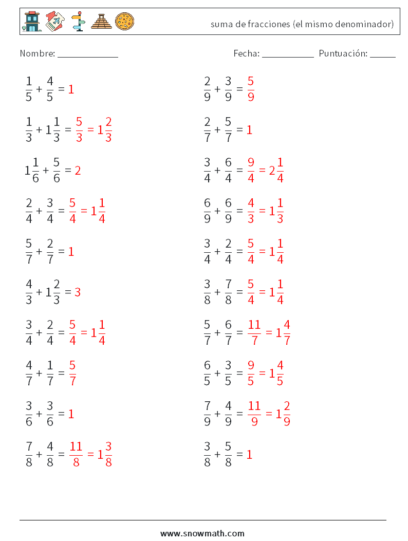 (20) suma de fracciones (el mismo denominador) Hojas de trabajo de matemáticas 12 Pregunta, respuesta