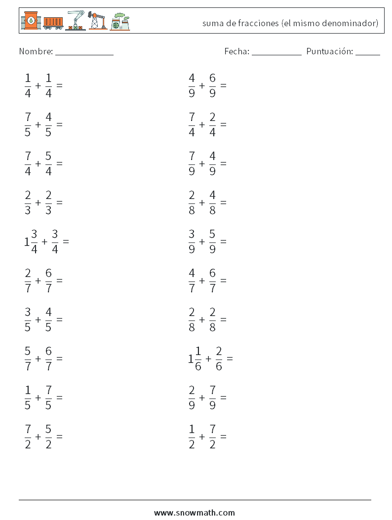 (20) suma de fracciones (el mismo denominador) Hojas de trabajo de matemáticas 13