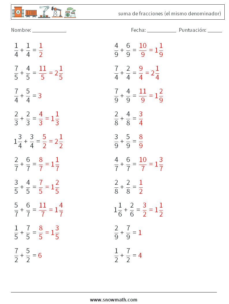 (20) suma de fracciones (el mismo denominador) Hojas de trabajo de matemáticas 13 Pregunta, respuesta