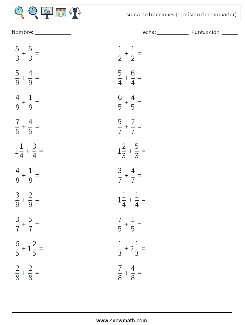 (20) suma de fracciones (el mismo denominador) Hojas de trabajo de matemáticas 14