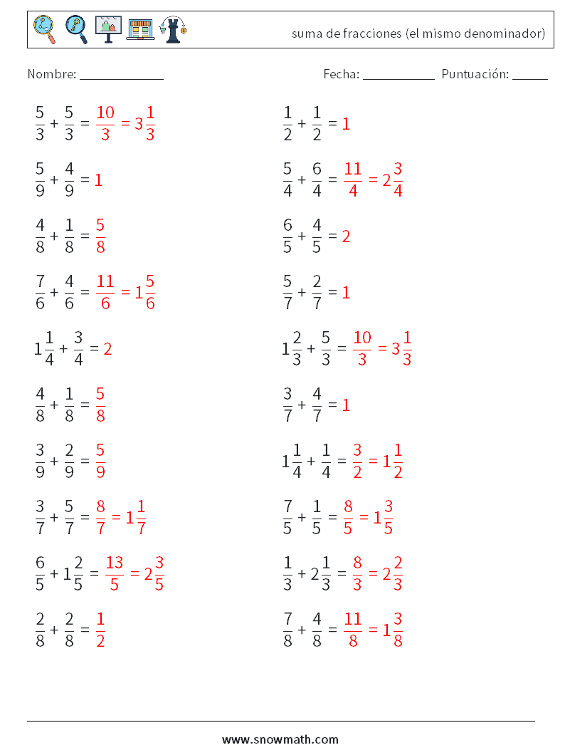(20) suma de fracciones (el mismo denominador) Hojas de trabajo de matemáticas 14 Pregunta, respuesta