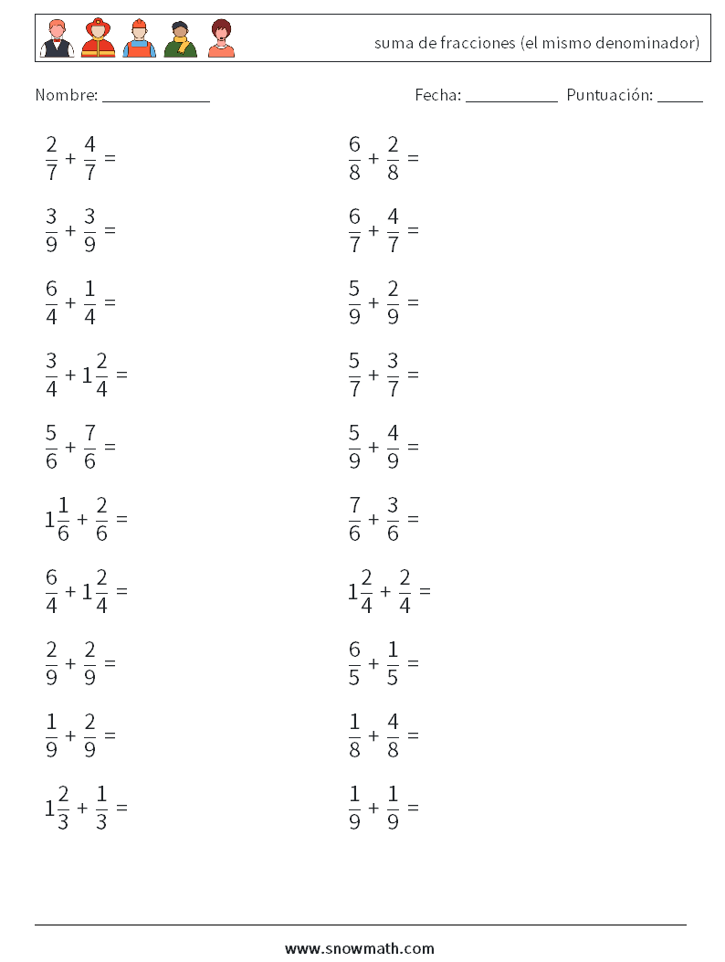 (20) suma de fracciones (el mismo denominador) Hojas de trabajo de matemáticas 15