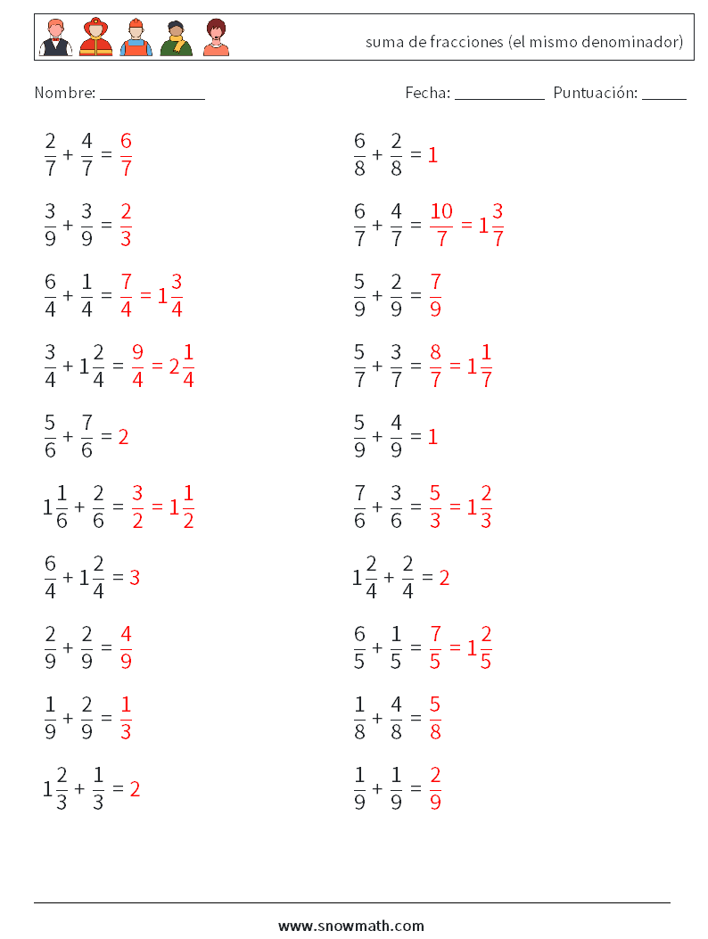 (20) suma de fracciones (el mismo denominador) Hojas de trabajo de matemáticas 15 Pregunta, respuesta