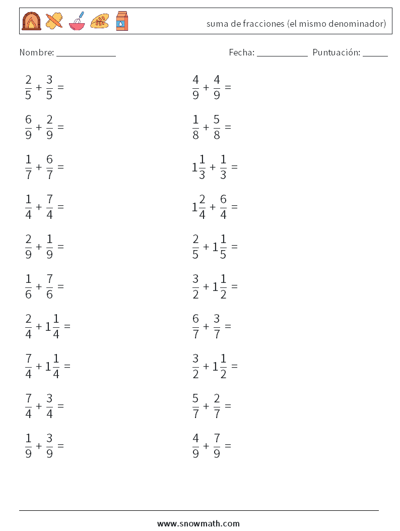 (20) suma de fracciones (el mismo denominador) Hojas de trabajo de matemáticas 16